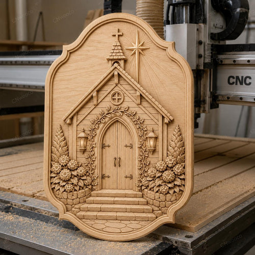 CNC & impression 3D relief chapelle fleurie avec porte gothique, fichier STL très haute qualité