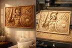 CNC-Datei spartanischer griechischer Krieger, Holz-Relief Mythologie, antike Wanddekoration, Schild Schwert, 3D STL-Graviermodell