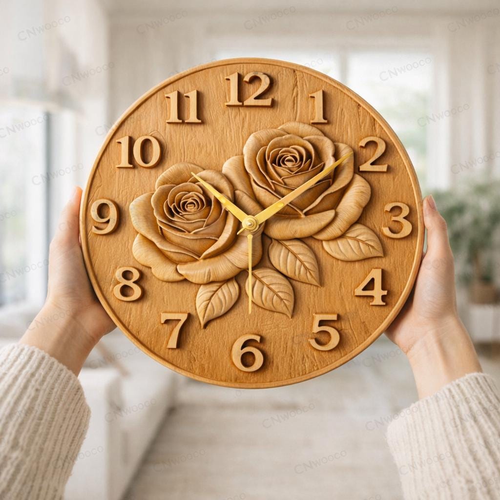 CNC-Datei Rosenuhr – florales Basrelief für Holzskulptur, Wanddekoration STL