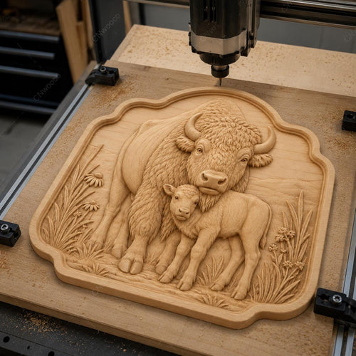 CNC & impression 3D relief bison et petit, fichier western wildlife pour gravure bois, STL de haute qualité