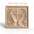 Fichier CNC & impression 3D chrétien, mains en prière, croix et feuillage floral, haute qualité relief STL