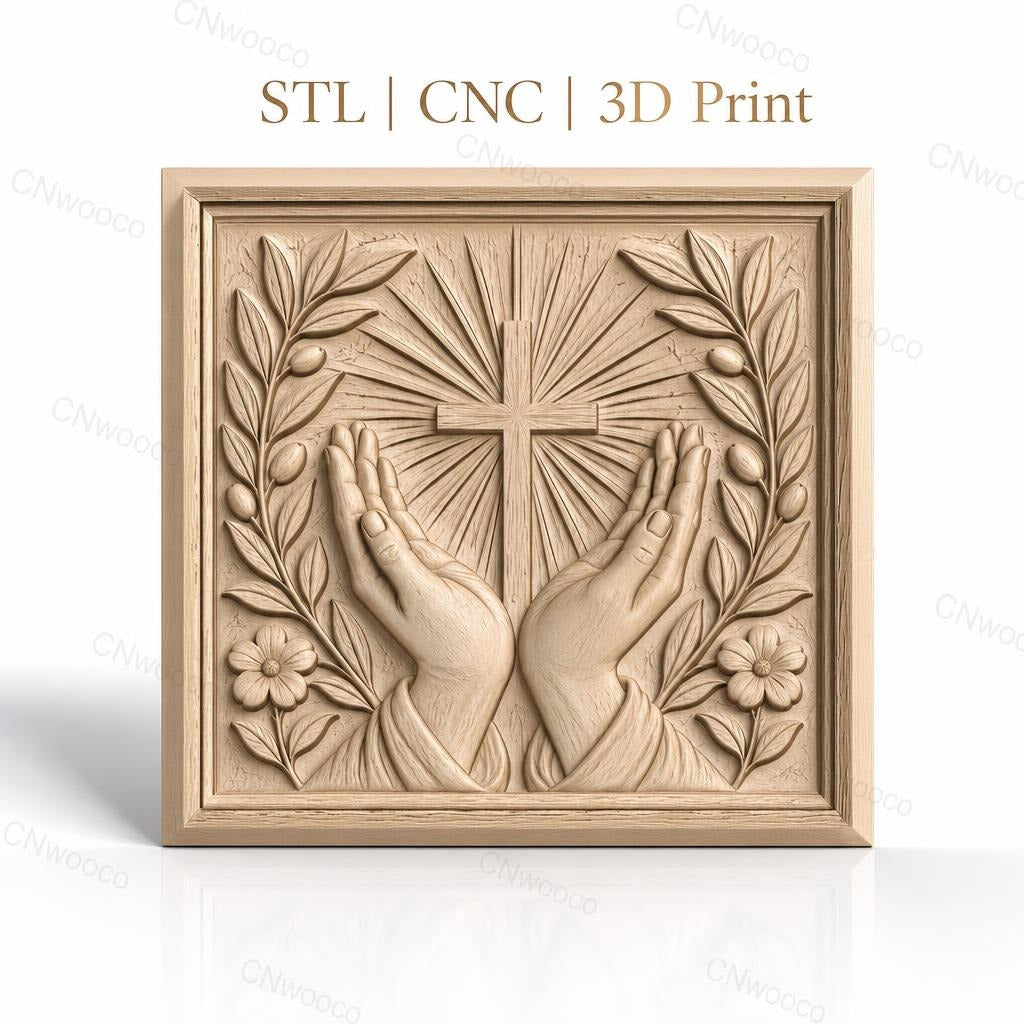 Fichier CNC & impression 3D chrétien, mains en prière, croix et feuillage floral, haute qualité relief STL