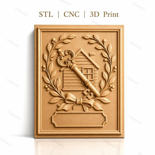 Fichier CNC & impression 3D clé vintage et maison avec couronne de feuilles, haute qualité relief STL