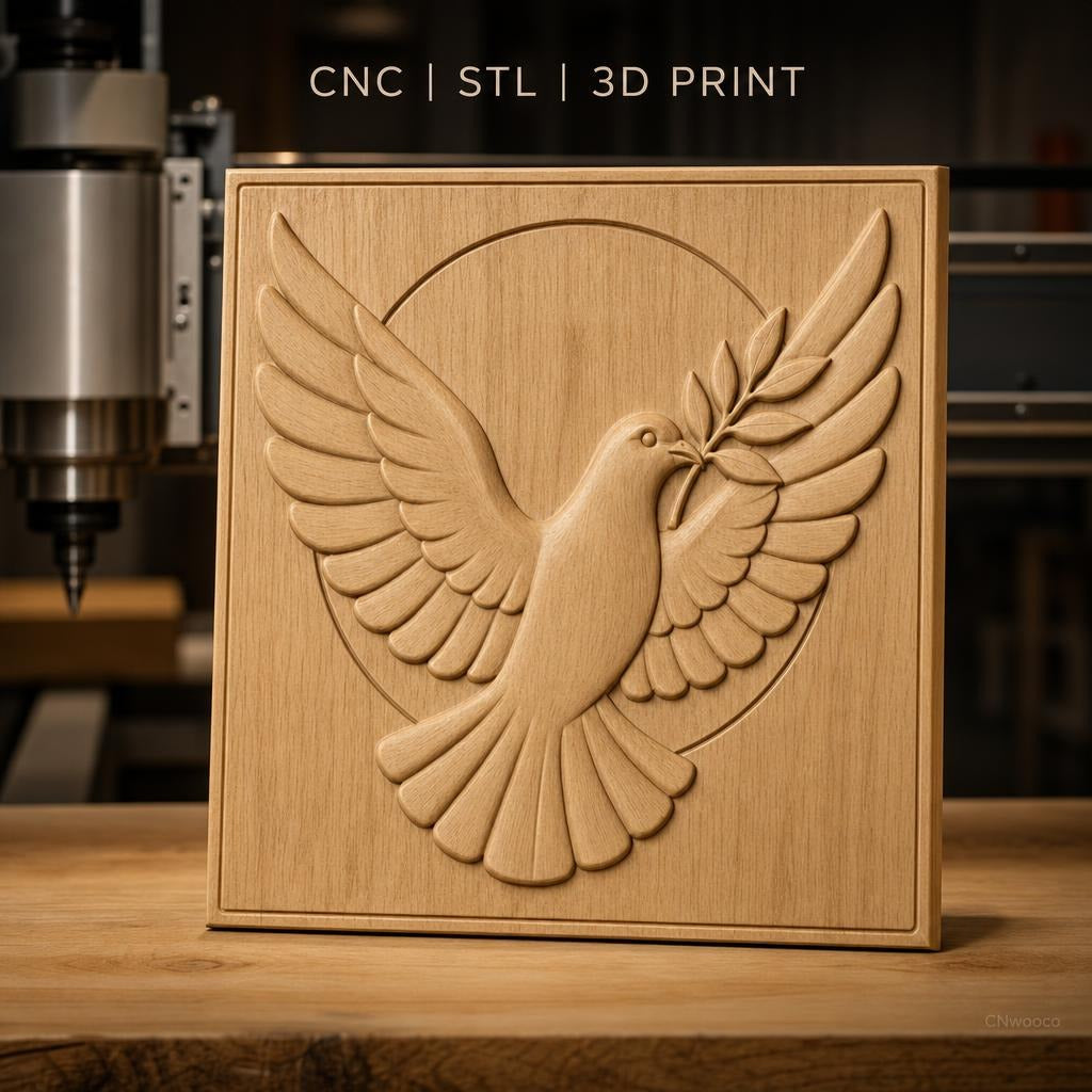Fichier CNC & impression 3D colombe de la paix avec branche d'olivier, haute qualité relief STL
