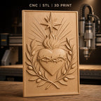 Fichier CNC & impression 3D Sacré-Cœur, cœur enflammé avec couronne d'épines et olive, haute qualité relief STL