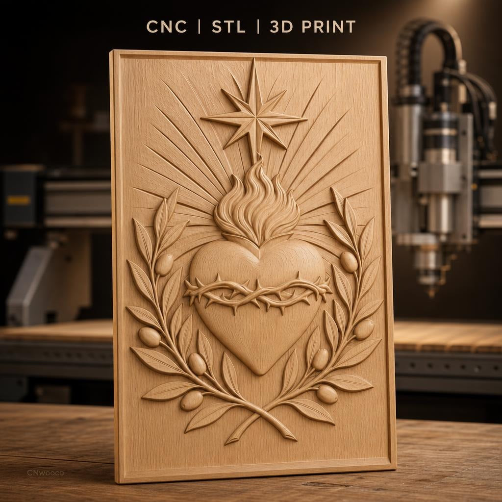 Fichier CNC & impression 3D Sacré-Cœur, cœur enflammé avec couronne d'épines et olive, haute qualité relief STL