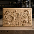 Fichier CNC & impression 3D monstre marin, bateau attaqué par poulpes géants et phare, haute qualité relief STL