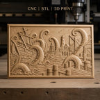 Fichier CNC & impression 3D monstre marin, bateau attaqué par poulpes géants et phare, haute qualité relief STL