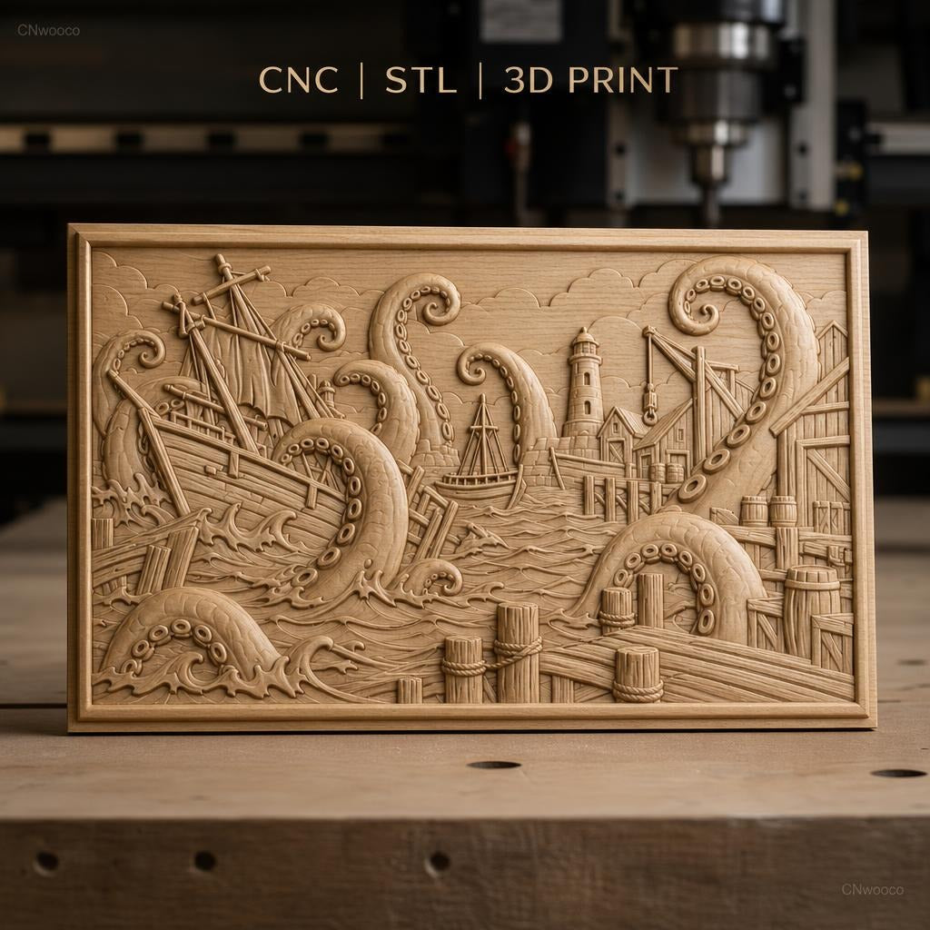 Fichier CNC & impression 3D monstre marin, bateau attaqué par poulpes géants et phare, haute qualité relief STL