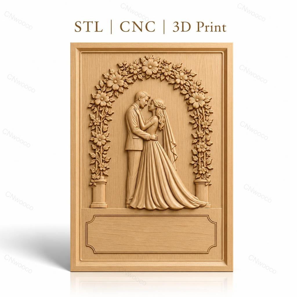Fichier CNC & impression 3D thème mariage, couple marié sous arche fleurie, haute qualité relief STL