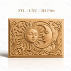 Fichier CNC & impression 3D Soleil et Lune avec étoiles et volutes, haute qualité relief STL