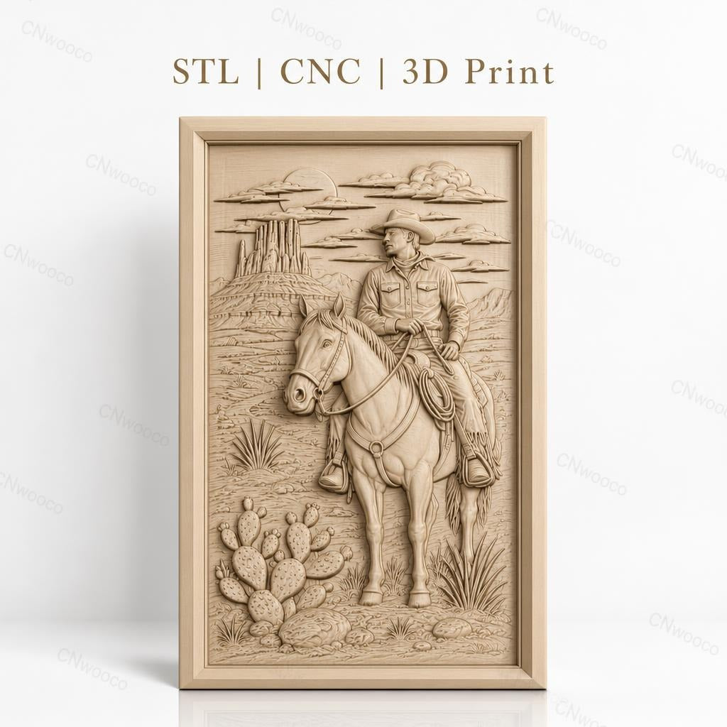Fichier CNC & impression 3D cowboy à cheval désert cactus haute qualité relief STL