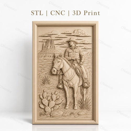 Fichier CNC & impression 3D cowboy à cheval désert cactus haute qualité relief STL