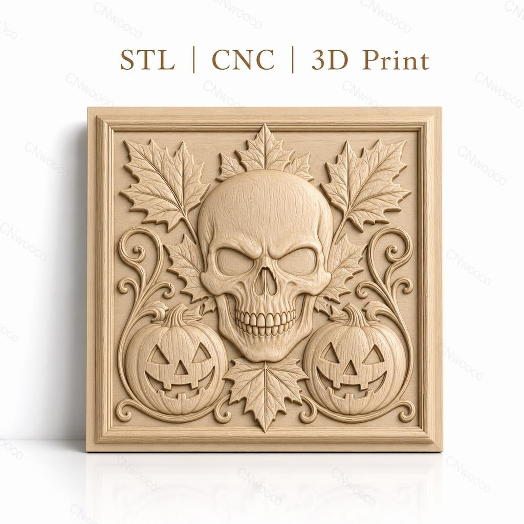 Fichier CNC & impression 3D Halloween, crâne, citrouilles jack-o'-lantern et feuilles d'automne, haute qualité relief STL
