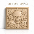 Fichier CNC & impression 3D Halloween, crâne, citrouilles jack-o'-lantern et feuilles d'automne, haute qualité relief STL