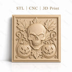 Fichier CNC & impression 3D Halloween, crâne, citrouilles jack-o'-lantern et feuilles d'automne, haute qualité relief STL