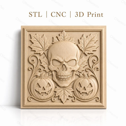 Fichier CNC & impression 3D Halloween, crâne, citrouilles jack-o'-lantern et feuilles d'automne, haute qualité relief STL