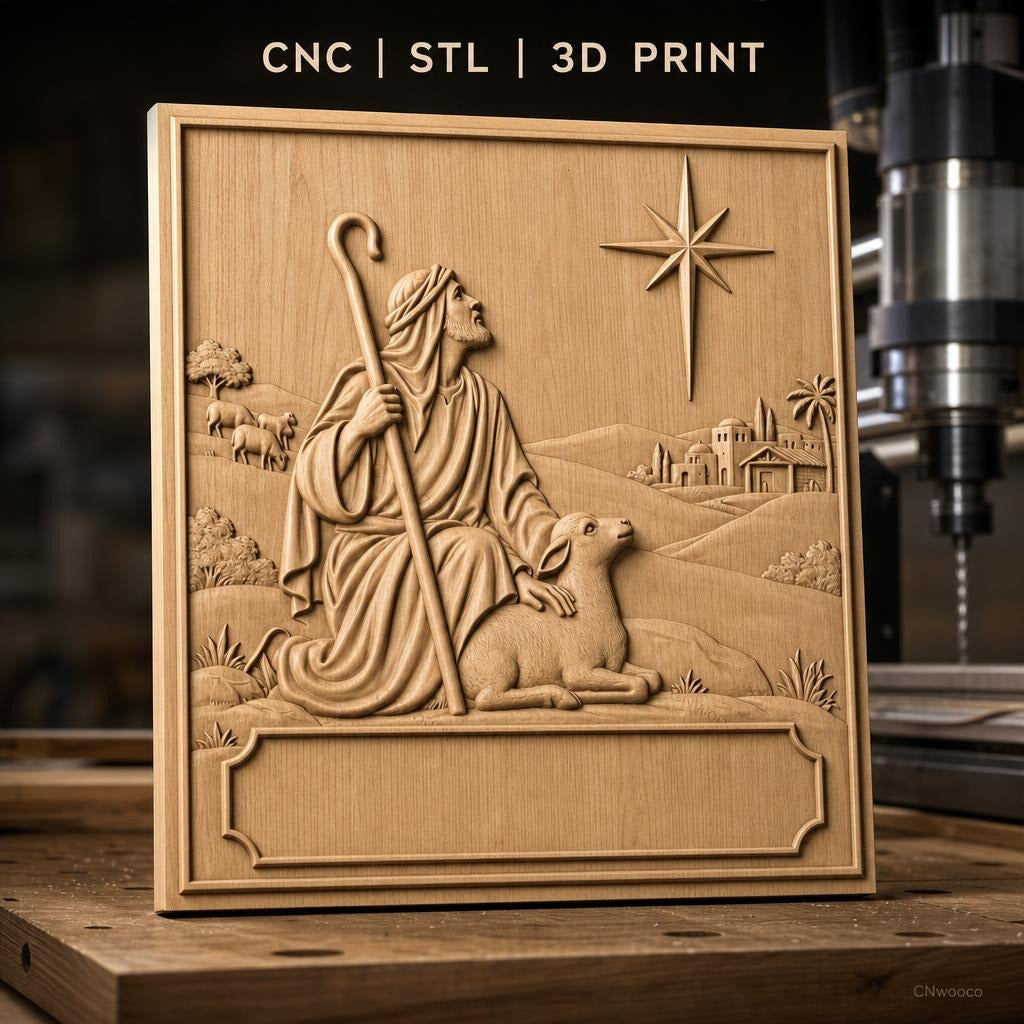 Fichier CNC & impression 3D berger avec agneau et étoile de Bethléem, paysage biblique, haute qualité relief STL