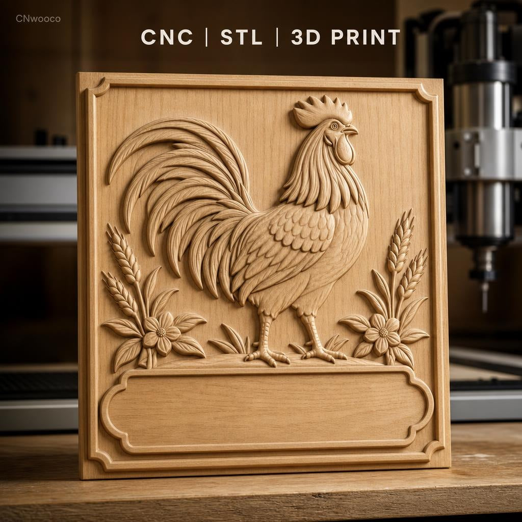 Fichier CNC & impression 3D coq avec fleurs et blé, haute qualité relief STL