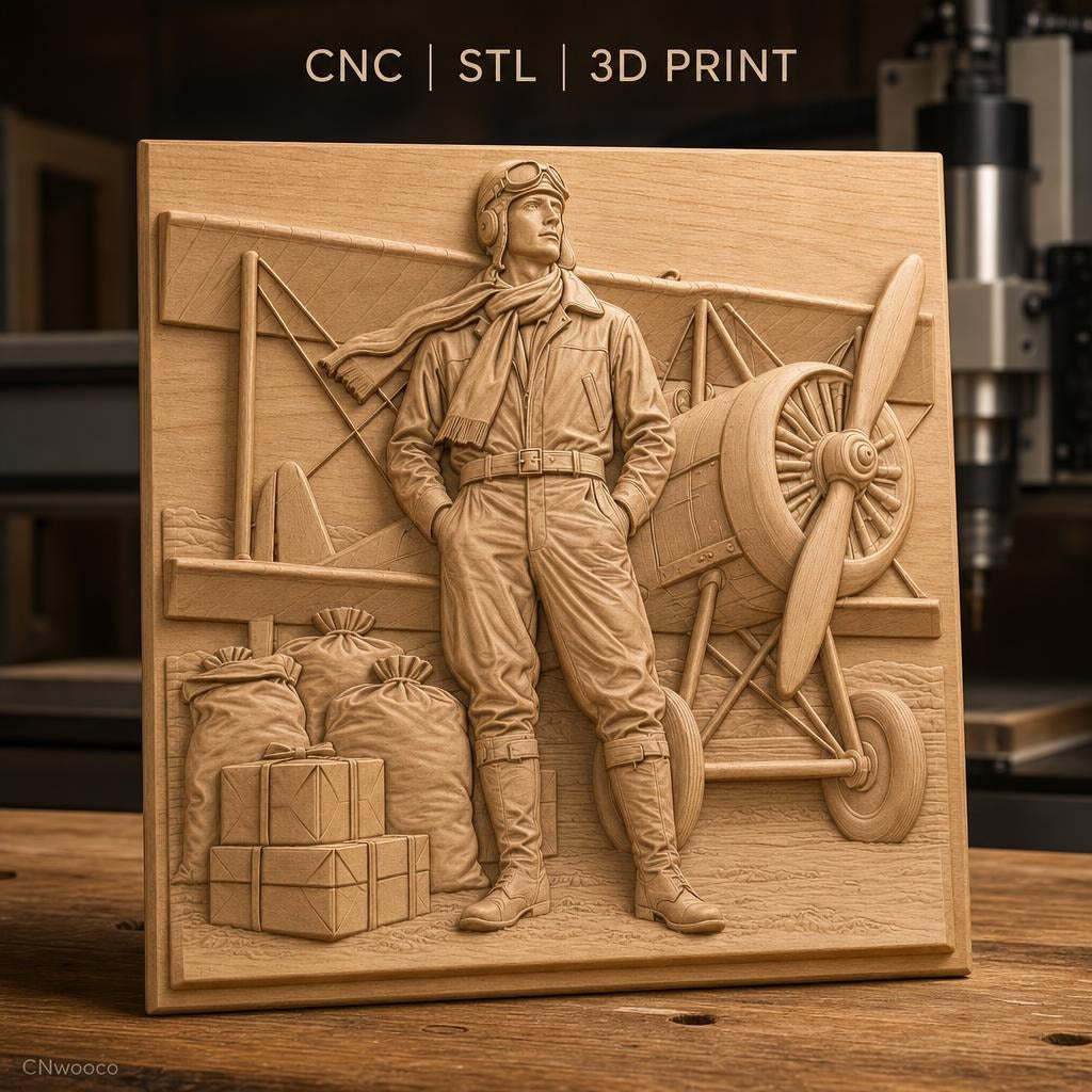 Fichier CNC & impression 3D pilote d'avion ancien, avion biplan, sacs et caisses, haute qualité relief STL