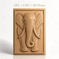 Fichier CNC & impression 3D éléphant frontal, relief avec trompe et défenses, haute qualité relief STL