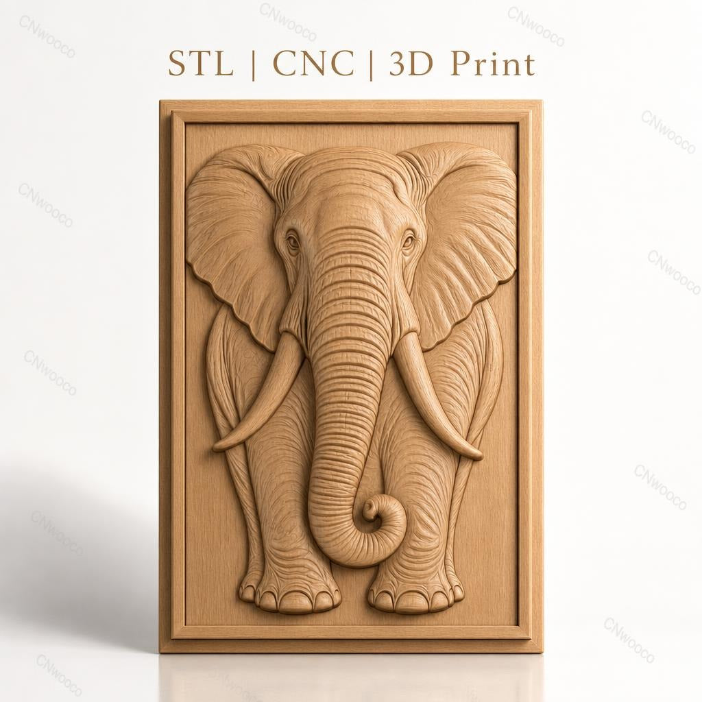 Fichier CNC & impression 3D éléphant frontal, relief avec trompe et défenses, haute qualité relief STL