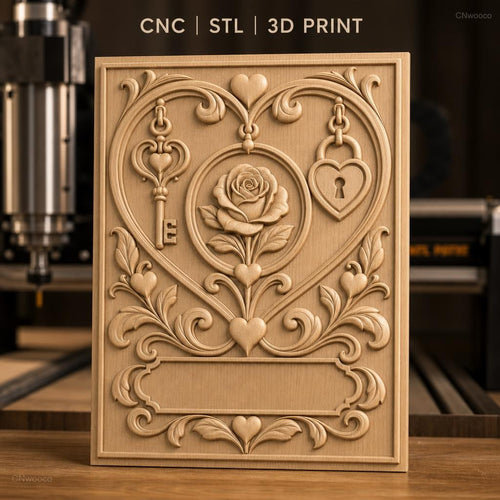 Fichier CNC & impression 3D cœur romantique, rose, clé et cadenas, haute qualité relief STL