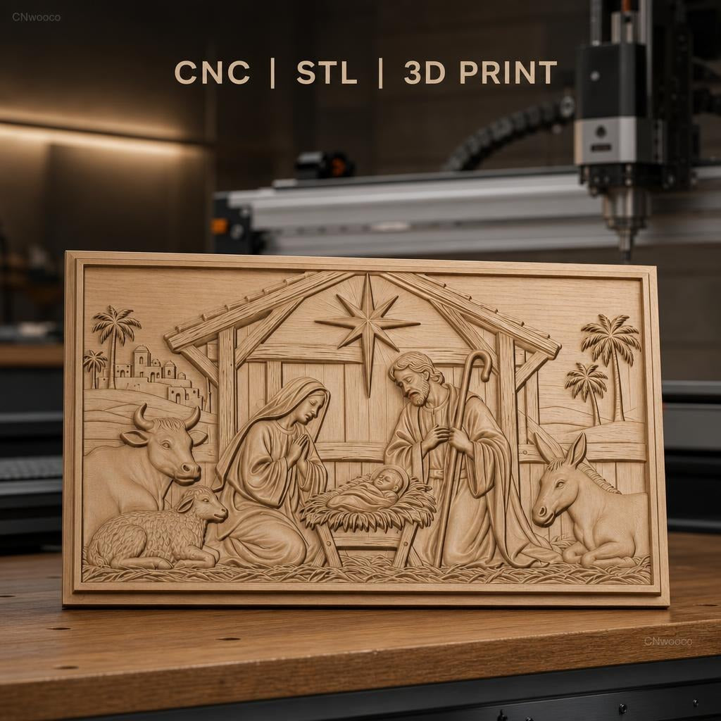 Fichier CNC & impression 3D scène de la nativité, Marie Joseph Jésus crèche animaux, haute qualité relief STL