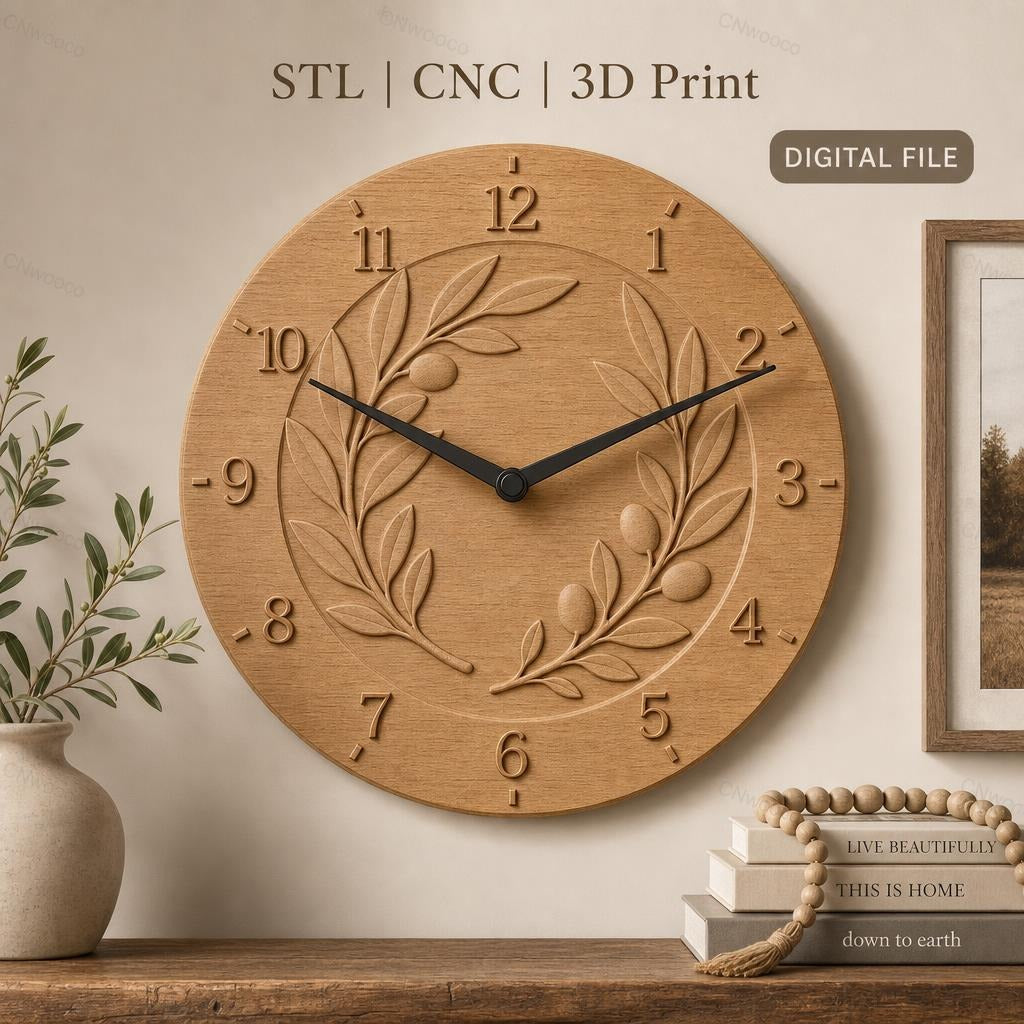 Fichier CNC & impression 3D horloge murale couronne d'olivier en relief STL