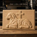 Fichier CNC & impression 3D agneau allongé avec croix, symbole religieux, haute qualité relief STL