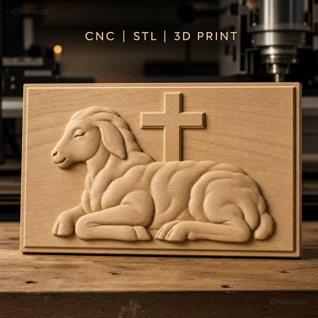 Fichier CNC & impression 3D agneau allongé avec croix, symbole religieux, haute qualité relief STL