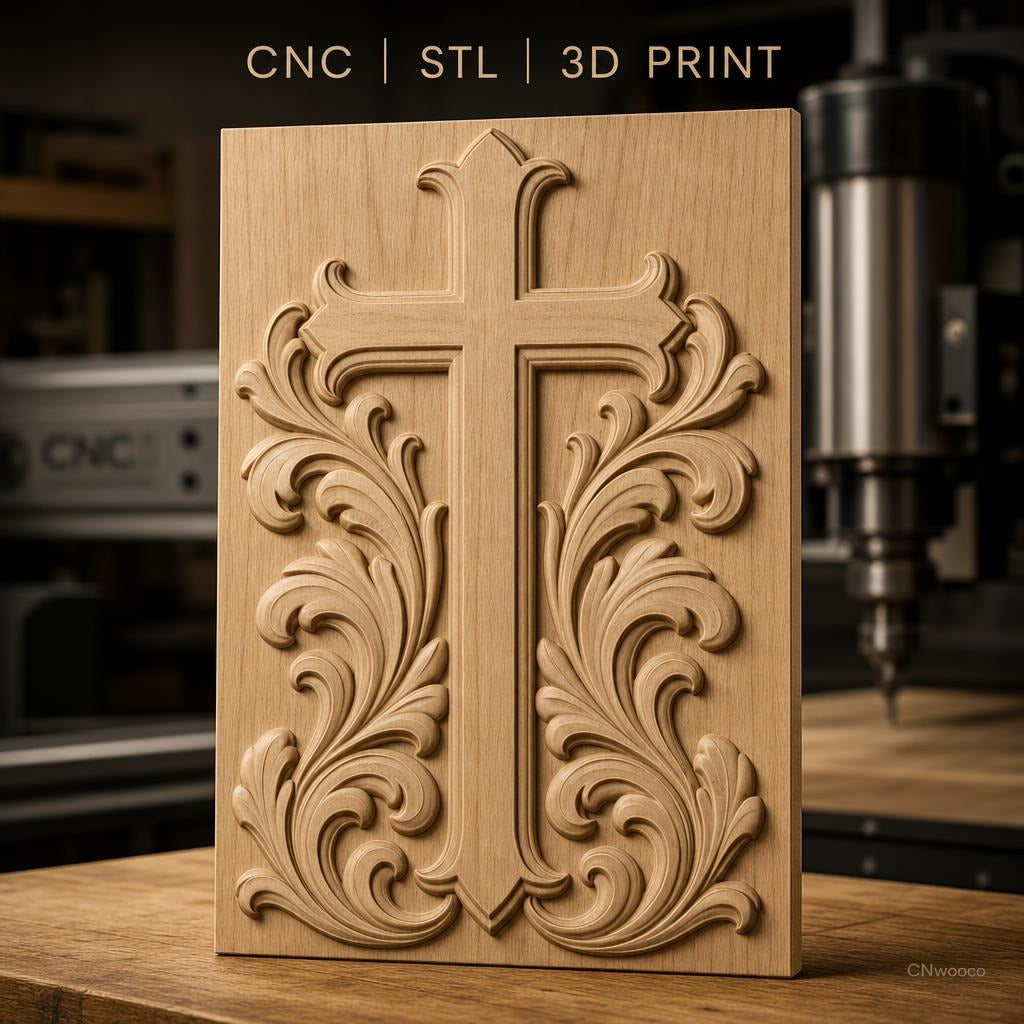 Fichier CNC & impression 3D Croix ornementale, motifs floraux baroques, haute qualité relief STL