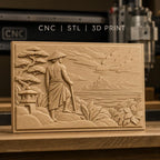 Fichier CNC & impression 3D paysage asiatique, homme avec chapeau conique, montagne et végétation, haute qualité relief STL