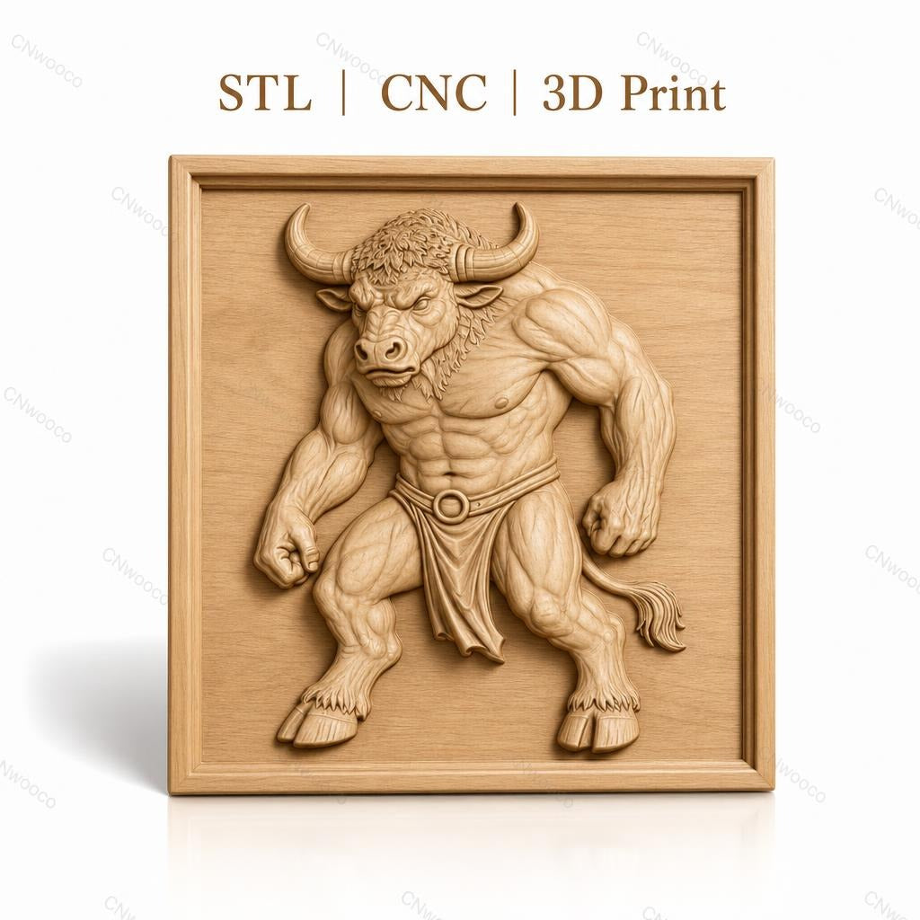 Fichier CNC & impression 3D Minotaure musclé, relief bas relief animal mythologique, haute qualité relief STL