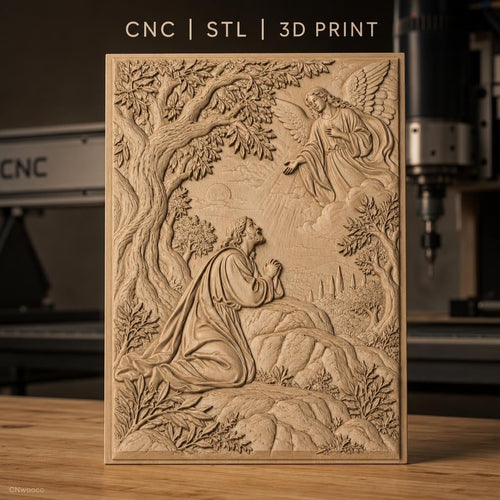 Fichier CNC & impression 3D Jésus priant avec ange, arbre et paysage, haute qualité relief STL