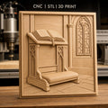 Fichier CNC & impression 3D pupitre de prière, livre ouvert et fenêtre gothique, haute qualité relief STL