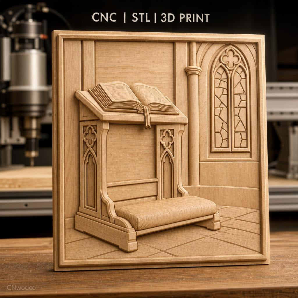Fichier CNC & impression 3D pupitre de prière, livre ouvert et fenêtre gothique, haute qualité relief STL
