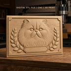 Fichier CNC & impression 3D chat persan, tête de chat avec feuillage, haute qualité relief STL
