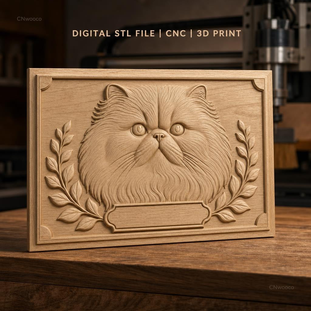 Fichier CNC & impression 3D chat persan, tête de chat avec feuillage, haute qualité relief STL