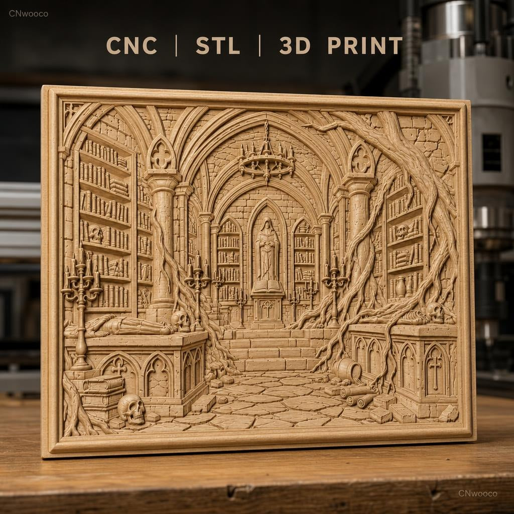 Fichier CNC & impression 3D bibliothèque gothique avec crânes, tombeaux et racines, haute qualité relief STL