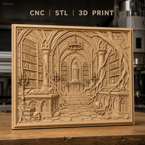 Fichier CNC & impression 3D bibliothèque gothique avec crânes, tombeaux et racines, haute qualité relief STL