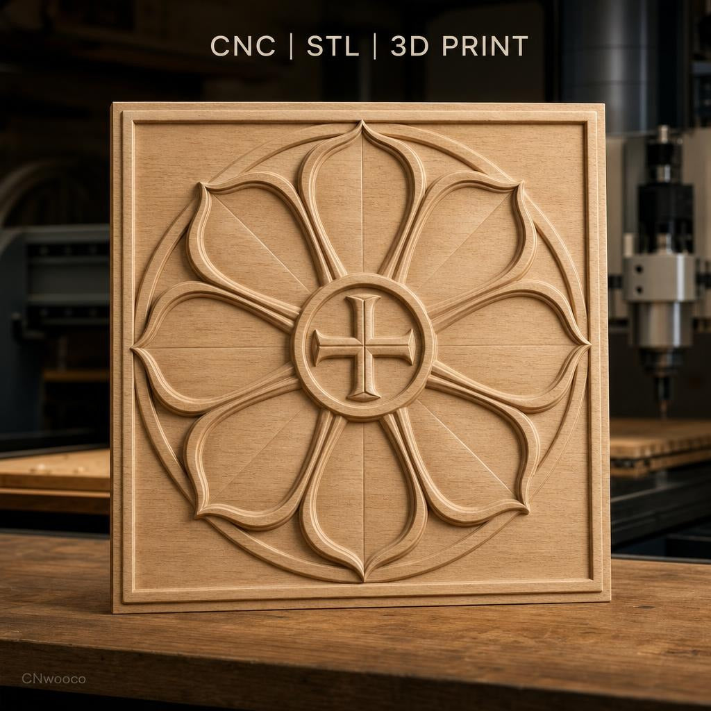 Fichier CNC & impression 3D rosace fleur avec croix, décoration sculptée haute qualité relief STL