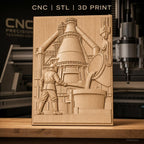 Fichier CNC & impression 3D industrie sidérurgique, ouvrier et haut fourneau, haute qualité relief STL