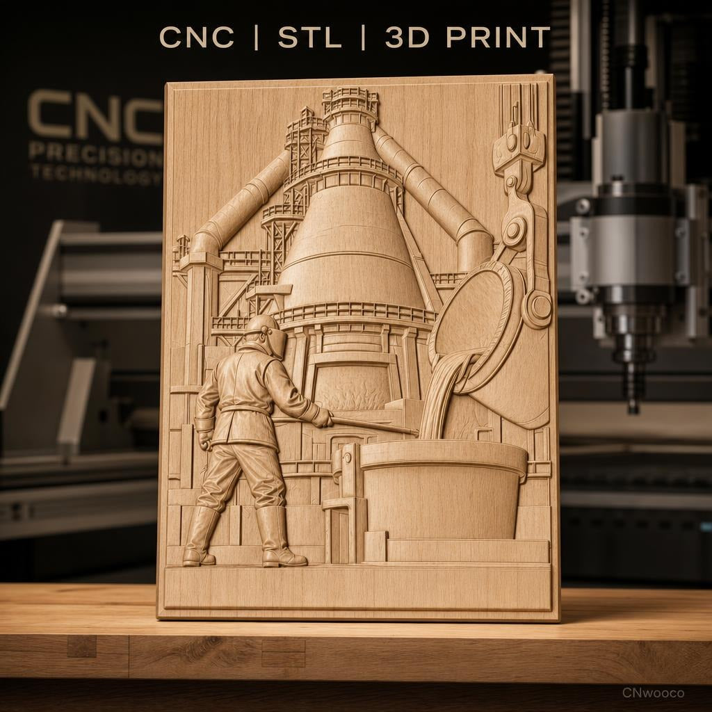 Fichier CNC & impression 3D industrie sidérurgique, ouvrier et haut fourneau, haute qualité relief STL
