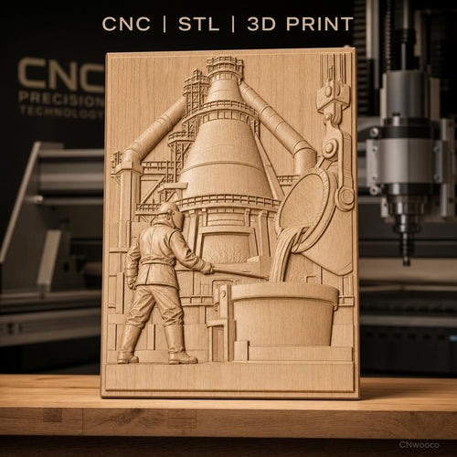 Fichier CNC & impression 3D industrie sidérurgique, ouvrier et haut fourneau, haute qualité relief STL