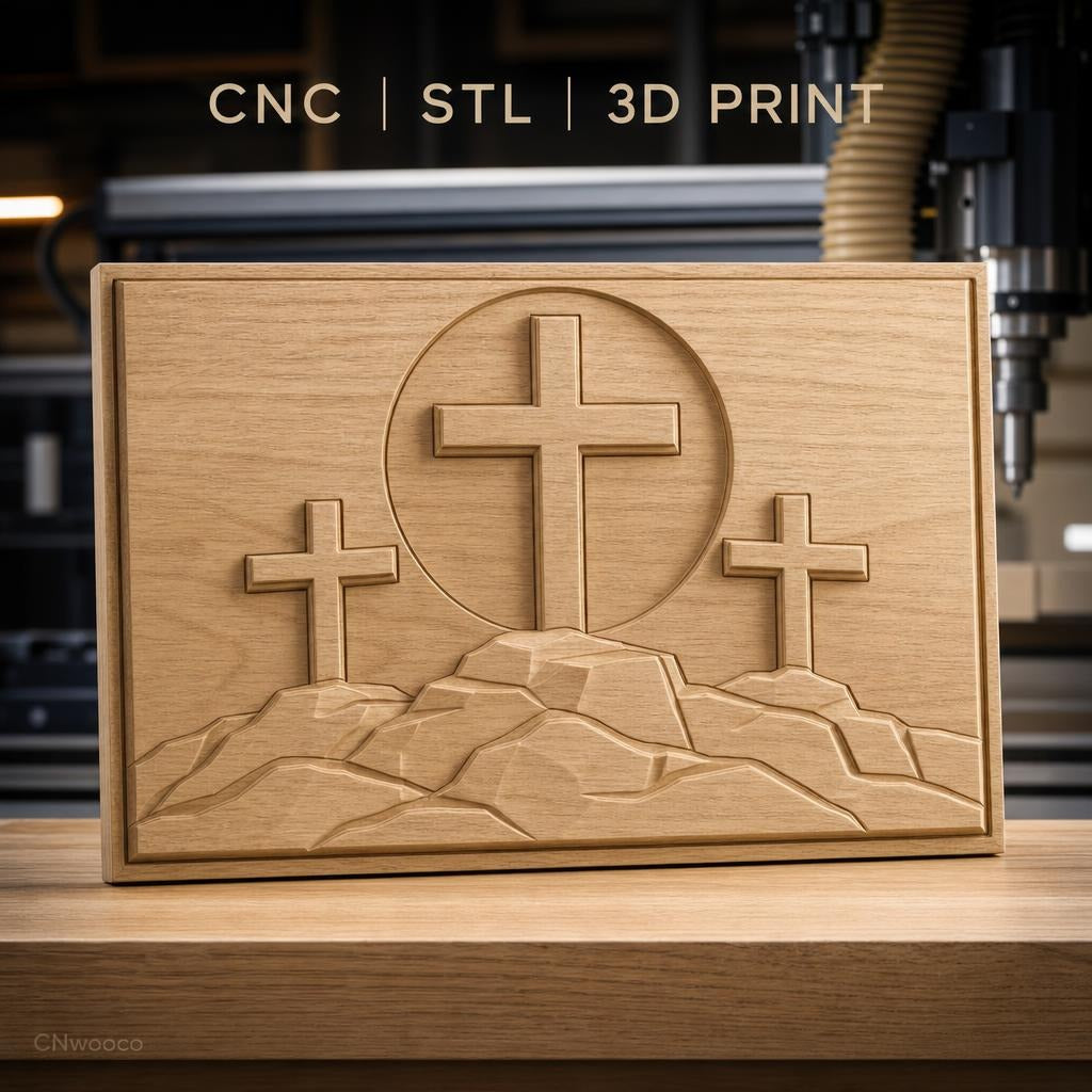 Fichier CNC & impression 3D thème religieux, trois croix sur monts, haute qualité relief STL
