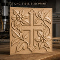 Fichier CNC & impression 3D croix fleurie avec feuilles et relief détaillé, haute qualité relief STL