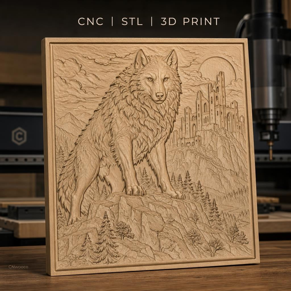 Fichier CNC & impression 3D loup debout sur rocher avec château médiéval, haute qualité relief STL