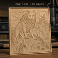 Fichier CNC & impression 3D loup debout sur rocher avec château médiéval, haute qualité relief STL