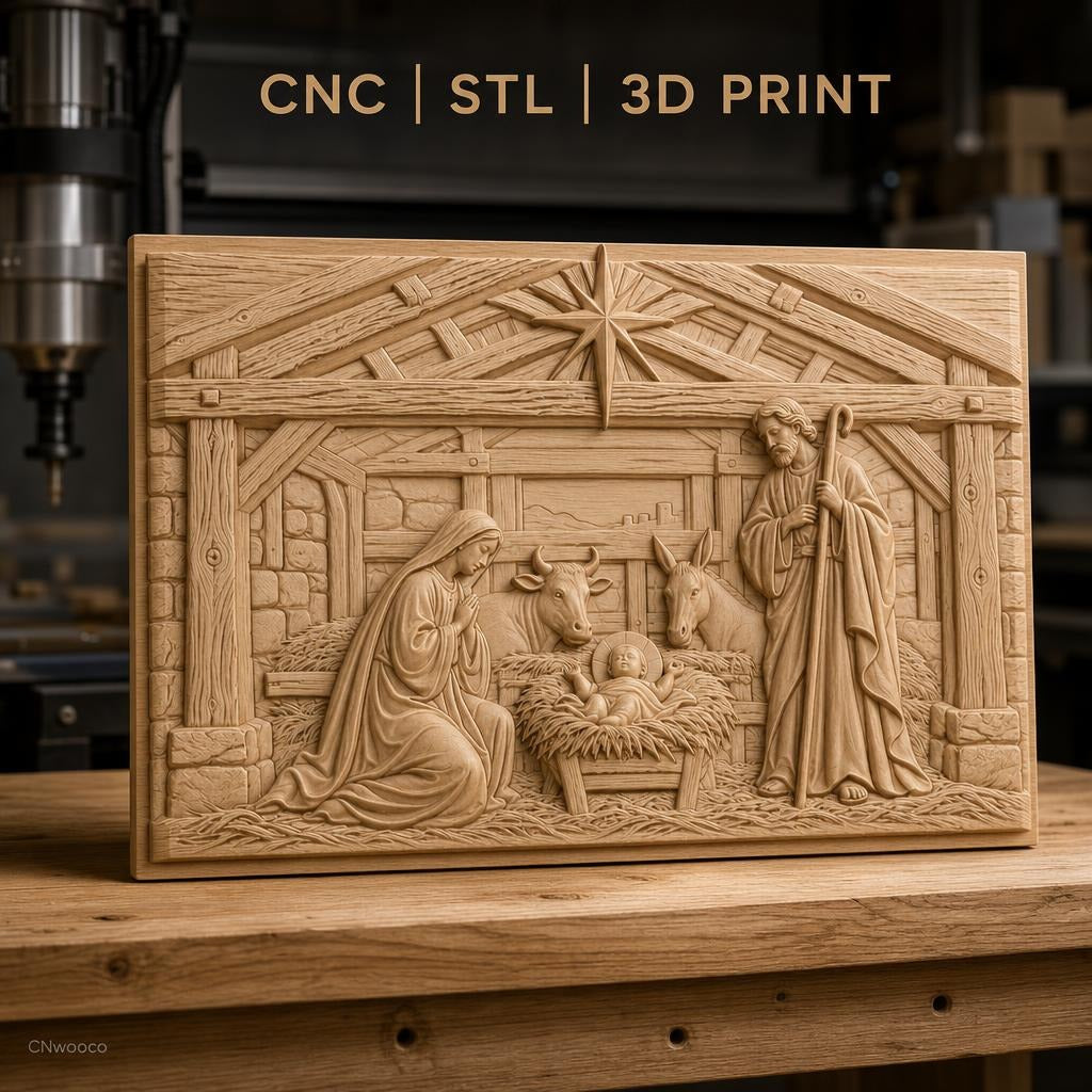 Fichier CNC & impression 3D Nativité, crèche avec Marie Joseph enfant animaux, haute qualité relief STL